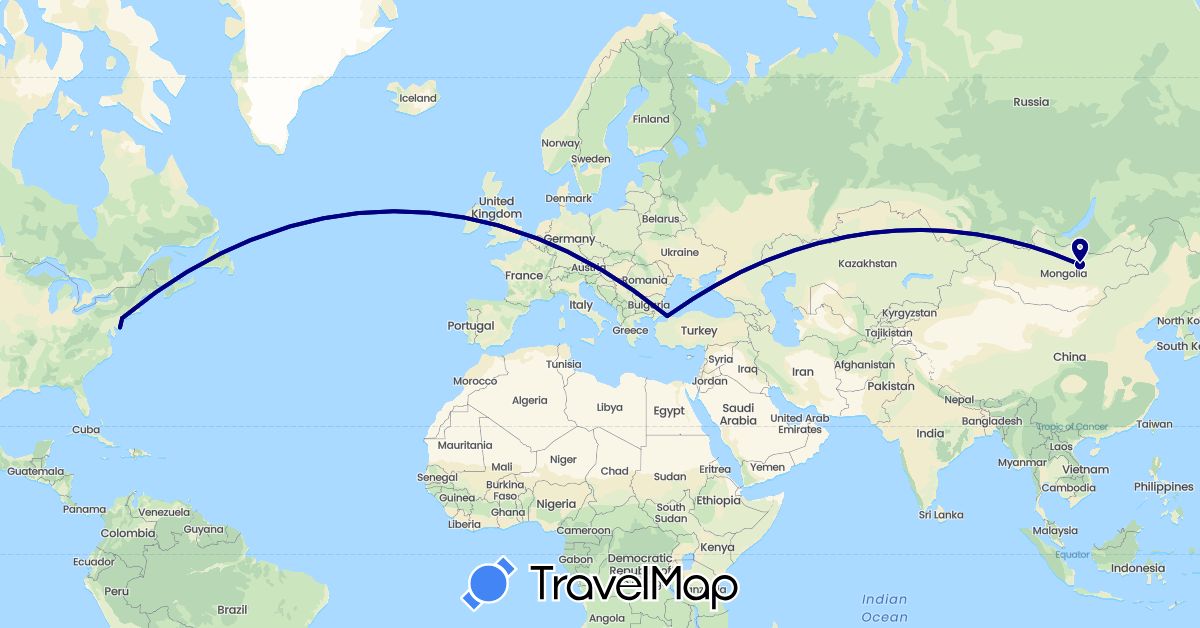 TravelMap itinerary: driving in Mongolia, Turkey, United States (Asia, North America)
